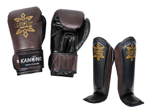 Kanong Genuine Leather Muay Thai Gloves and Shin Pads : Brown/Black